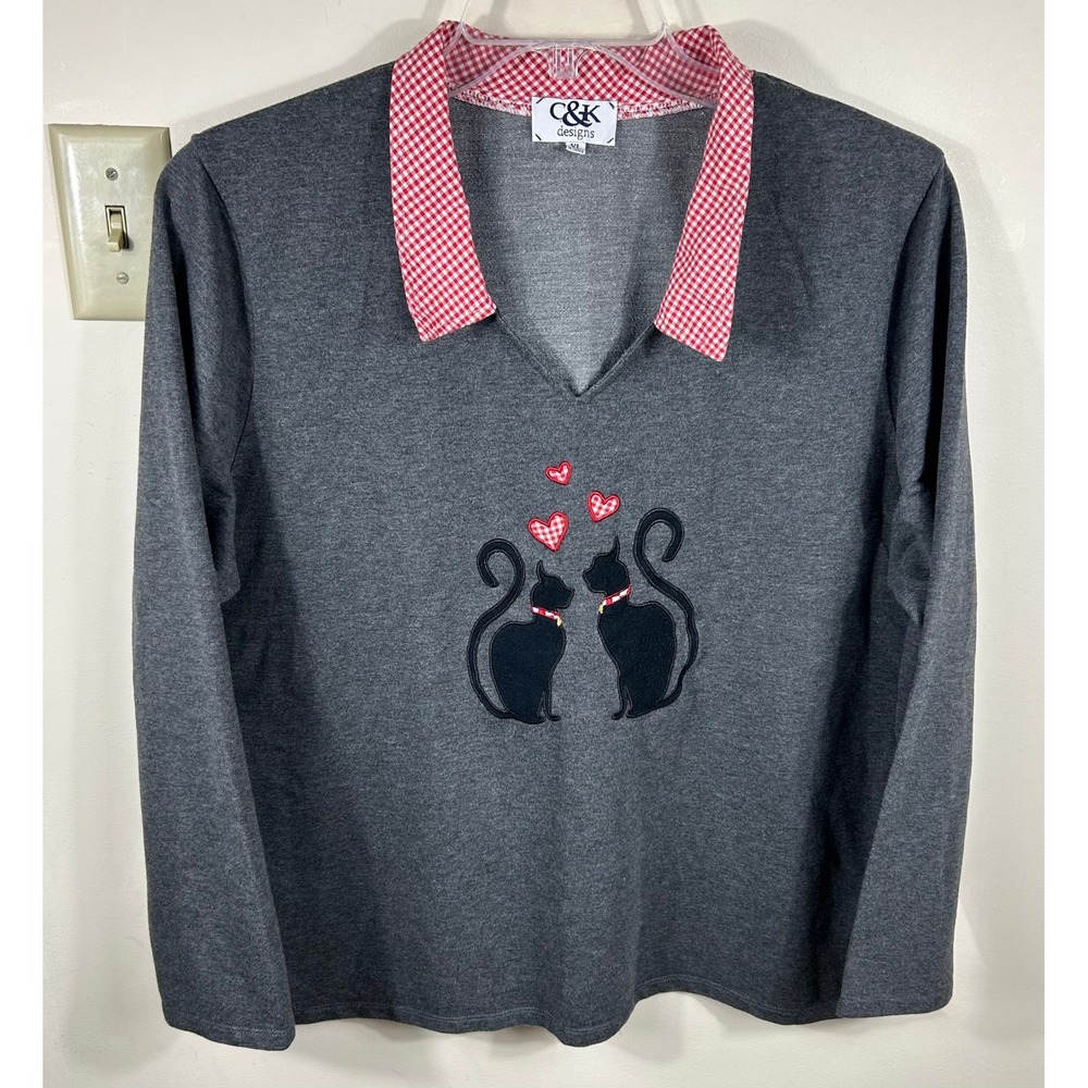 VTG Y2K C&K Designs Cat Shirt Women XL Gray Gingham Collar Heart Embroidery Top